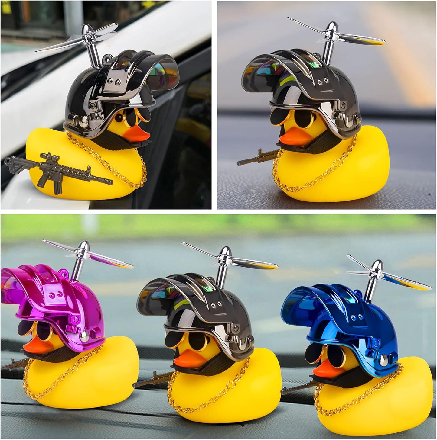 Rubber Yellow Duck Car Ornaments Cool Duck Car Dashboard Decorations with Propeller Helmet Sunglasses (Brilliant Black-Yellow G)