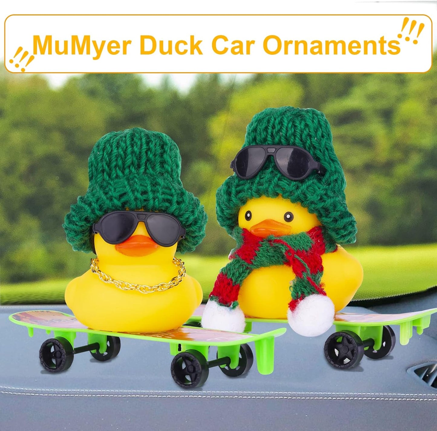 Winter Duck Car Ornament, Rubber Duck Car Decoration Accessories with Mini Hat, Sunglasses, Necklace and Skateboard