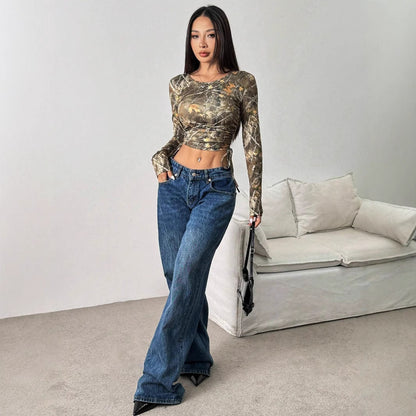 Mesh Branch Printing Side Drawstring Fitted Short T-shirt