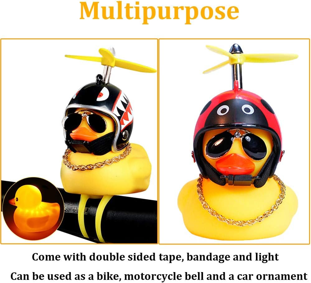 Rubber Duck Car Ornaments, 2Pcs Yellow Duck Car Dashboard Decorations Squeeze Duck Bicycle Horns with Propeller Helmet