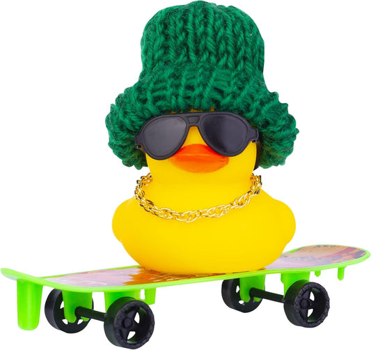 Winter Duck Car Ornament, Rubber Duck Car Decoration Accessories with Mini Hat, Sunglasses, Necklace and Skateboard