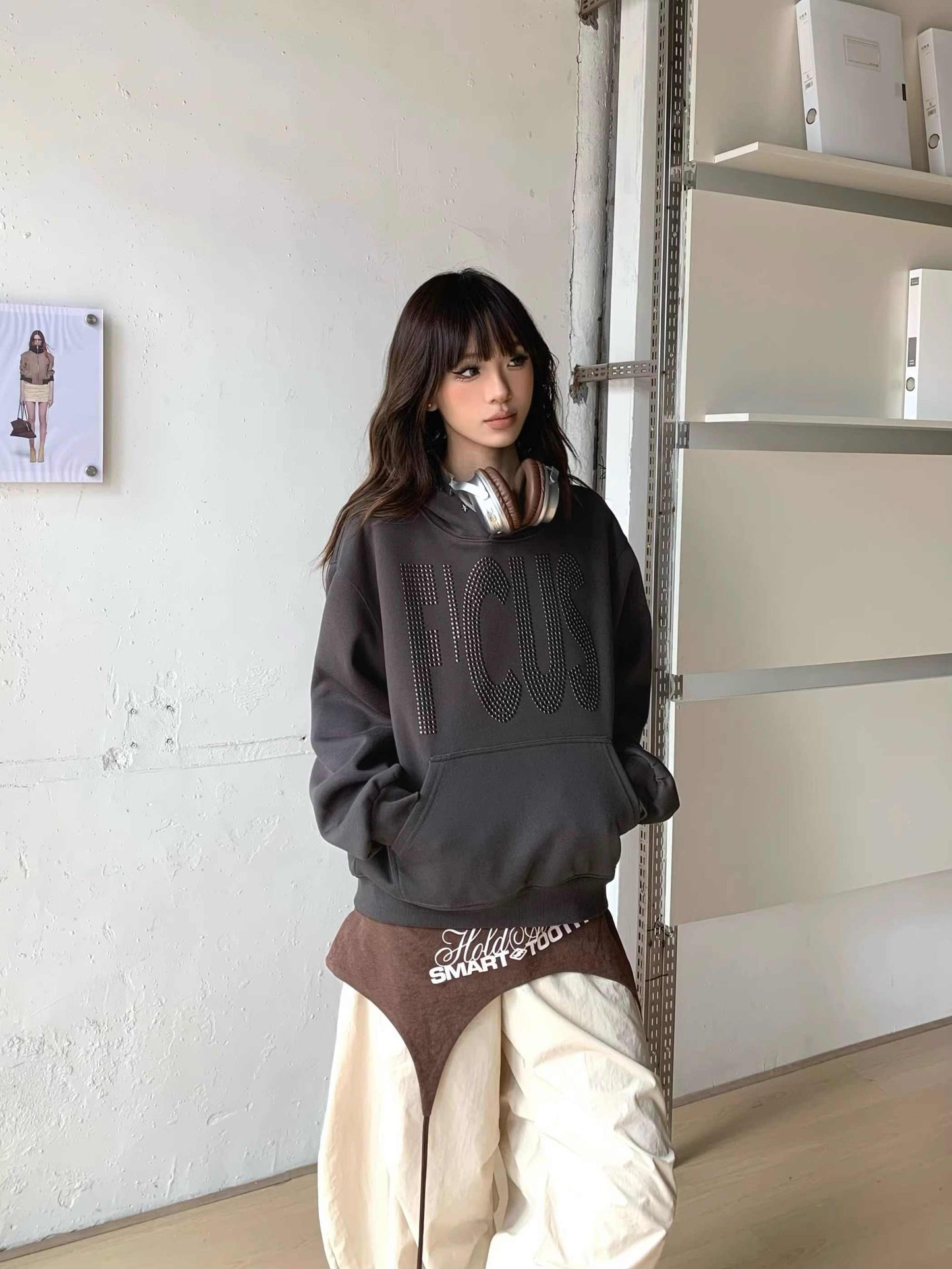 Couple Rhinestone Letter Hooded Short Sweater