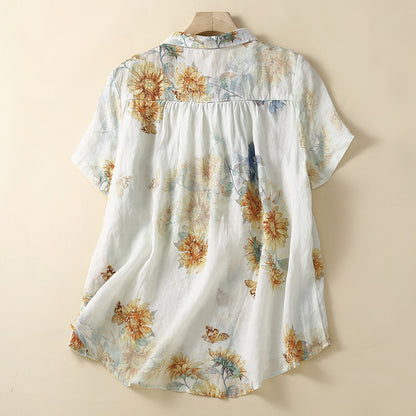 Lady Literature Ramie Short Sleeve Printed Shirt Top