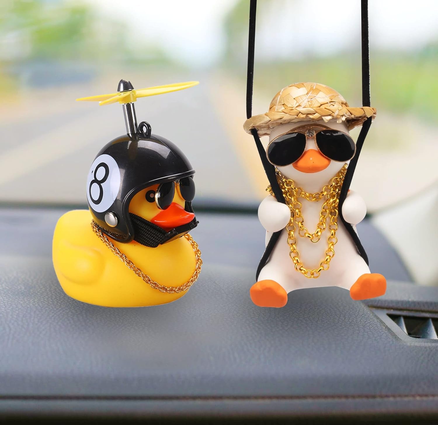 Rubber Duck Toy Car Ornaments and Rubber Duck Car Ornaments, Funny Shake Duck Car Pendant Yellow Duck Car Dashboard Decorations with Propeller Helmet for Car Interior Decors