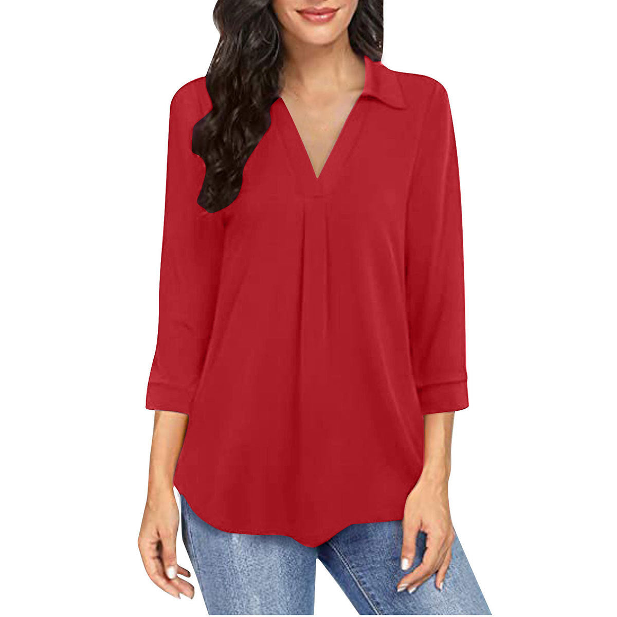Ladies' Solid Color V-neck Seven Quarter Sleeved Shirt Top With Elegant Chiffon Stitching