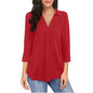 Ladies' Solid Color V-neck Seven Quarter Sleeved Shirt Top With Elegant Chiffon Stitching