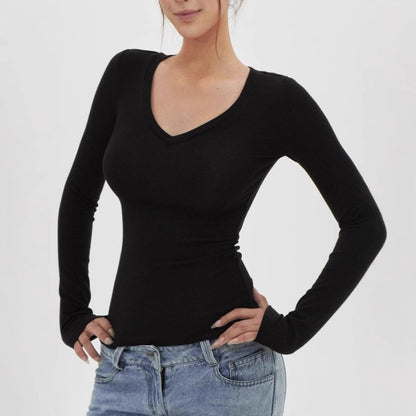American Hot Girl Delicate V-neck Shoulder Long Sleeve T-shirt