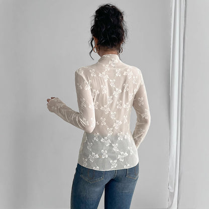 Butterfly Jacquard Mesh Slim Fit Stand-up Collar Long-sleeved