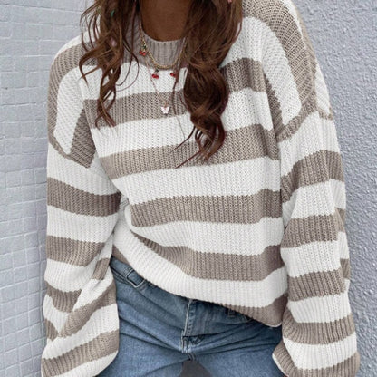 Striped Pattern Drop Shoulder Sweater,Long Sleeve Tops