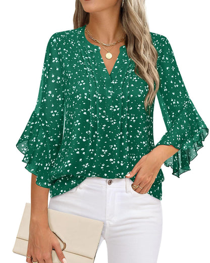 Women's Three-quarters Sleeve Tops Dressy Casual Business Work Blouses Chiffon Office Shirts