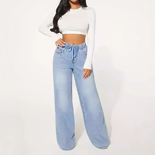 High Waist Drawstring Loose Wide Leg Light Blue Jeans