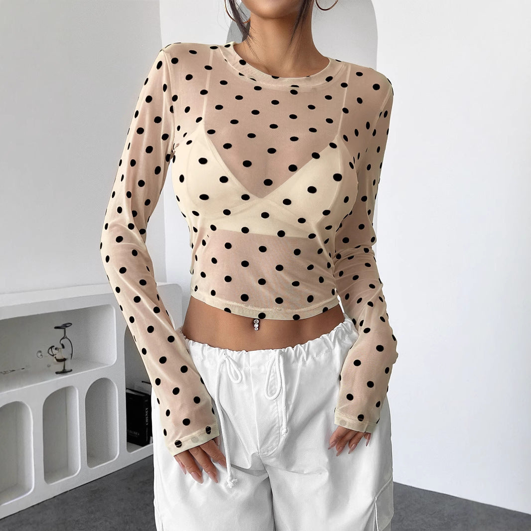 Design Sense See-through Dot Slim Mesh Round Neck Long Sleeve T-shirt