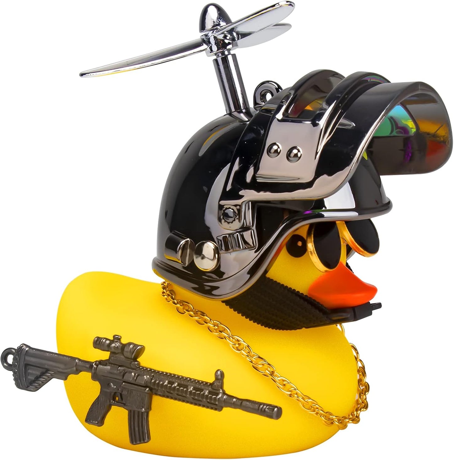 Rubber Yellow Duck Car Ornaments Cool Duck Car Dashboard Decorations with Propeller Helmet Sunglasses (Brilliant Black-Yellow G)