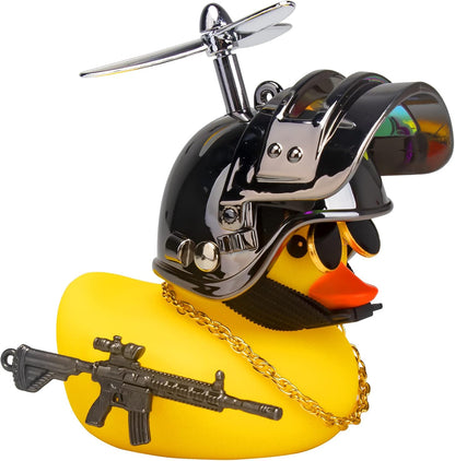 Rubber Yellow Duck Car Ornaments Cool Duck Car Dashboard Decorations with Propeller Helmet Sunglasses (Brilliant Black-Yellow G)