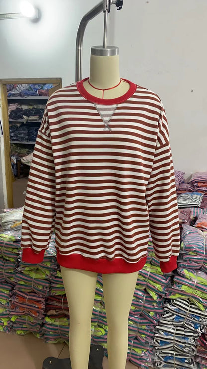 Striped Round Neck Contrast Color Loose Long Sleeve Sweatershirt