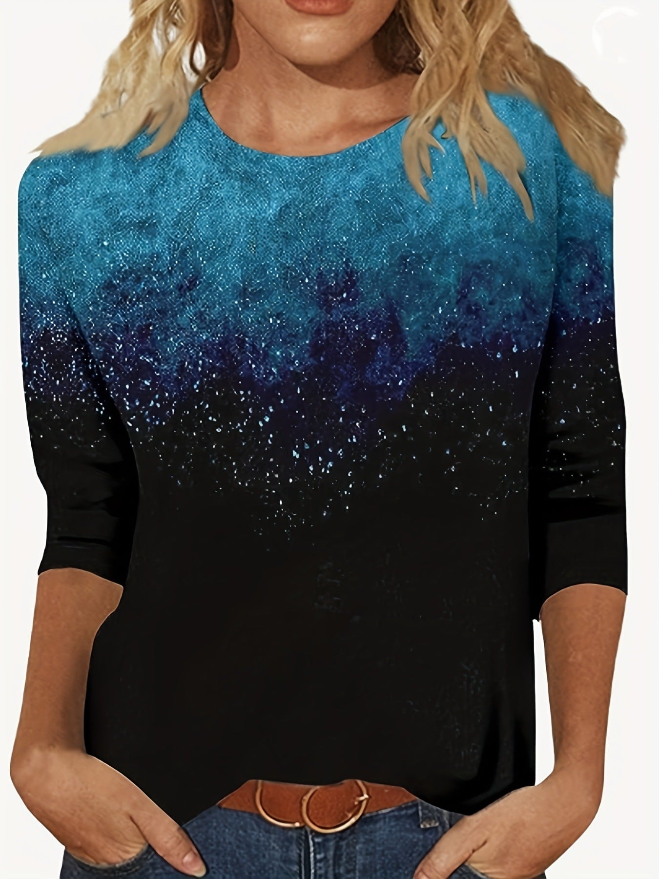 European And American Flower Plant Printed Round Neck Long Sleeve