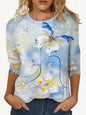 European And American Flower Plant Printed Round Neck Long Sleeve