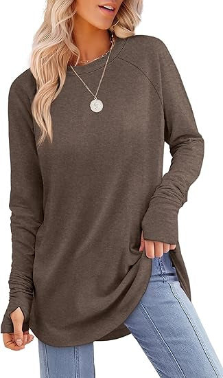 Women's Round Neck Solid Color Refers To Long Sleeved Top Loose Mid Length T-shirt