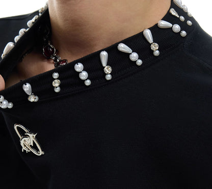 Modal Rhinestone Pearl Collar Stitching Design Short Sleeve