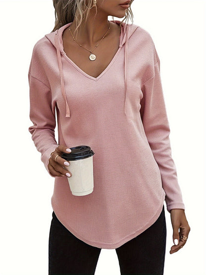 Elegant Beige Hanky Hem V-Neck Hoodie For Women