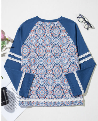 Blue Geometric Printed Lace Patchwork Ric Rac Raglan Long Sleeve Top