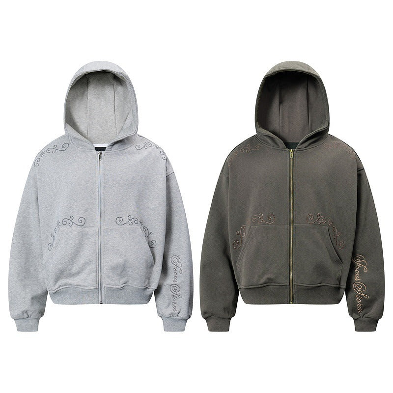 Men's And Women's Same Simple Personality Rivet Zipper Casual Loose-fitting Hoodie Sweater Coat