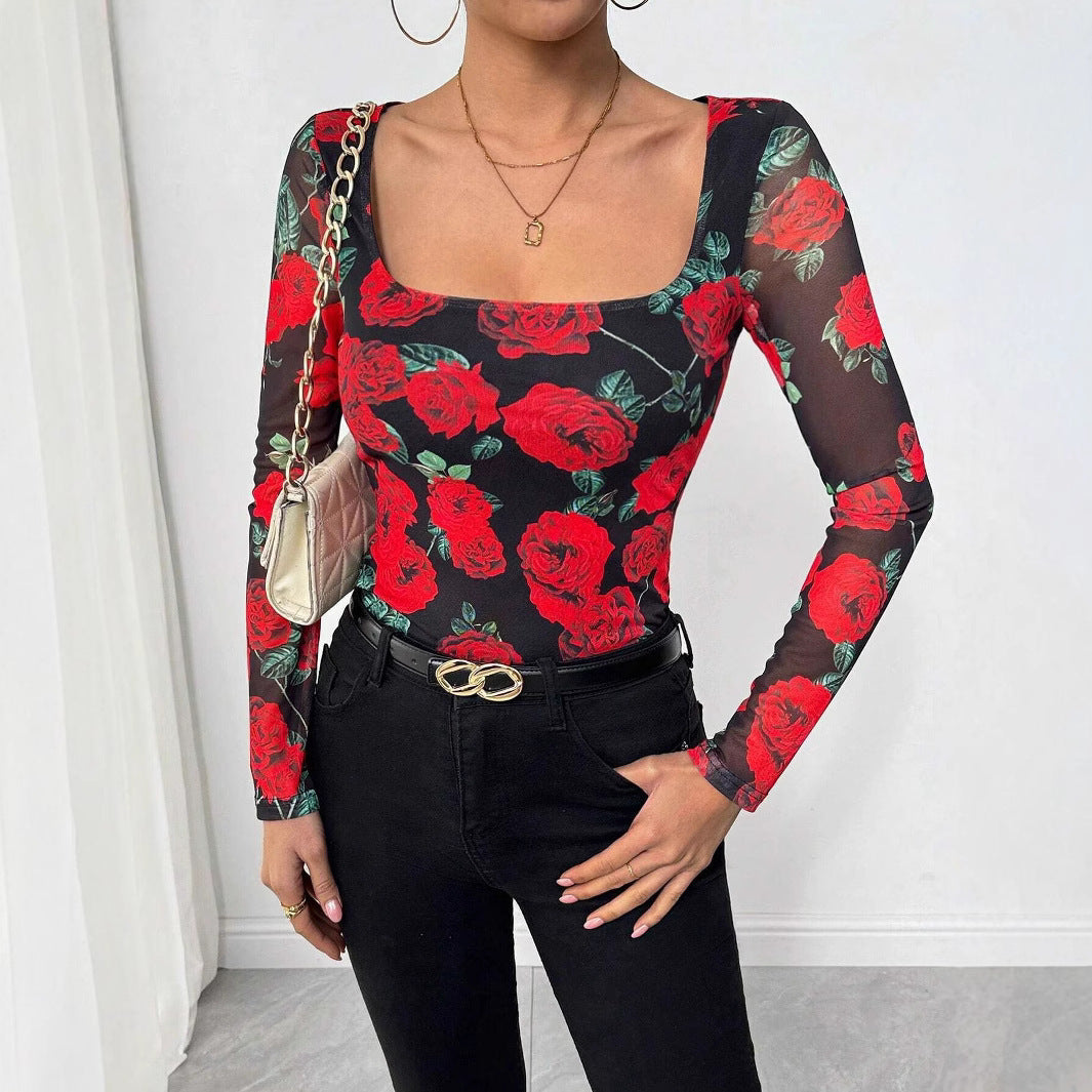 Romantic Rose Flower Mesh Printed Sexy U-neck T-shirt