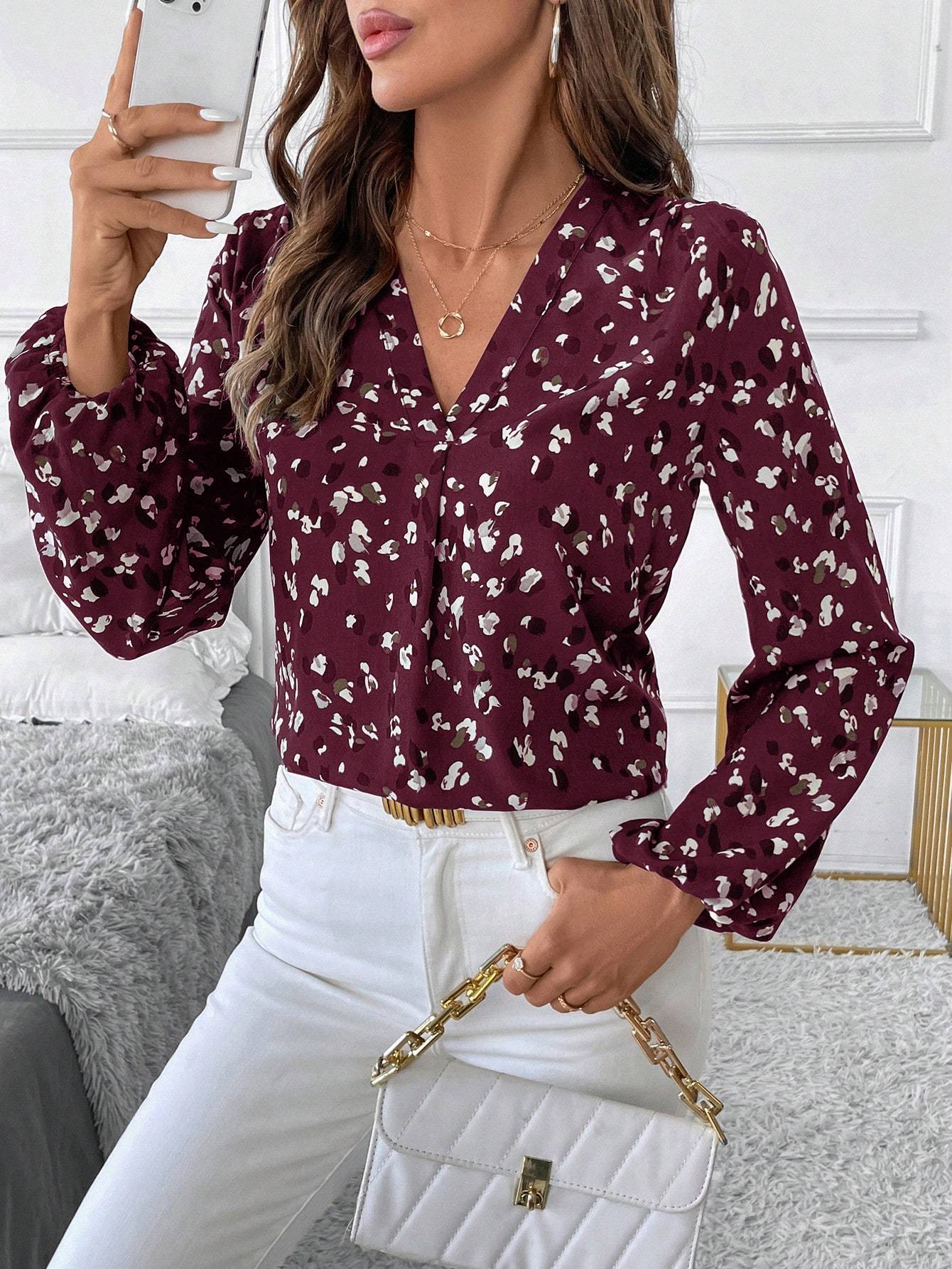 Women's V-Neck All-Over Print Elegant Long Sleeve Blouse,Long Sleeve Tops