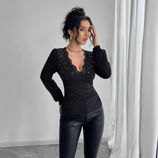 V-neck Lace Stitching Rhinestone Side Pleating T-shirt