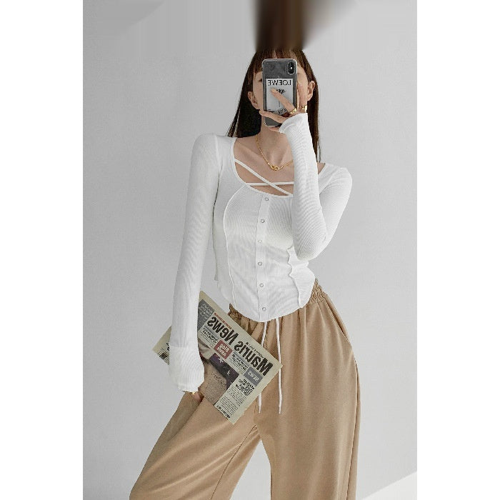 Slim Fit Slimming Sense Of Design Niche Cross Long Sleeves Round Neck Bottoming Shirt Top