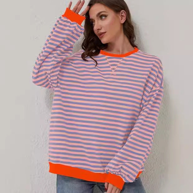 Striped Round Neck Contrast Color Loose Long Sleeve Sweatershirt