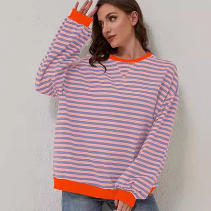 Striped Round Neck Contrast Color Loose Long Sleeve Sweatershirt
