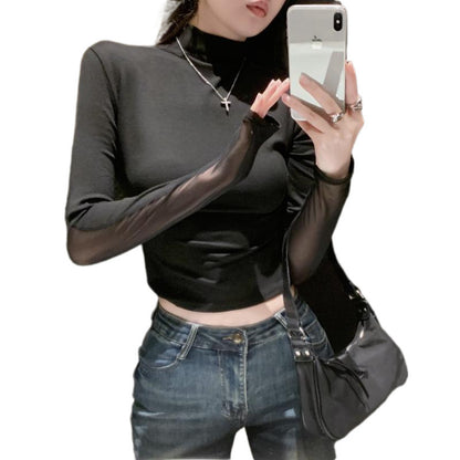 Spring And Autumn American Hot Girl Chic Mesh Short Stitching Long Sleeve