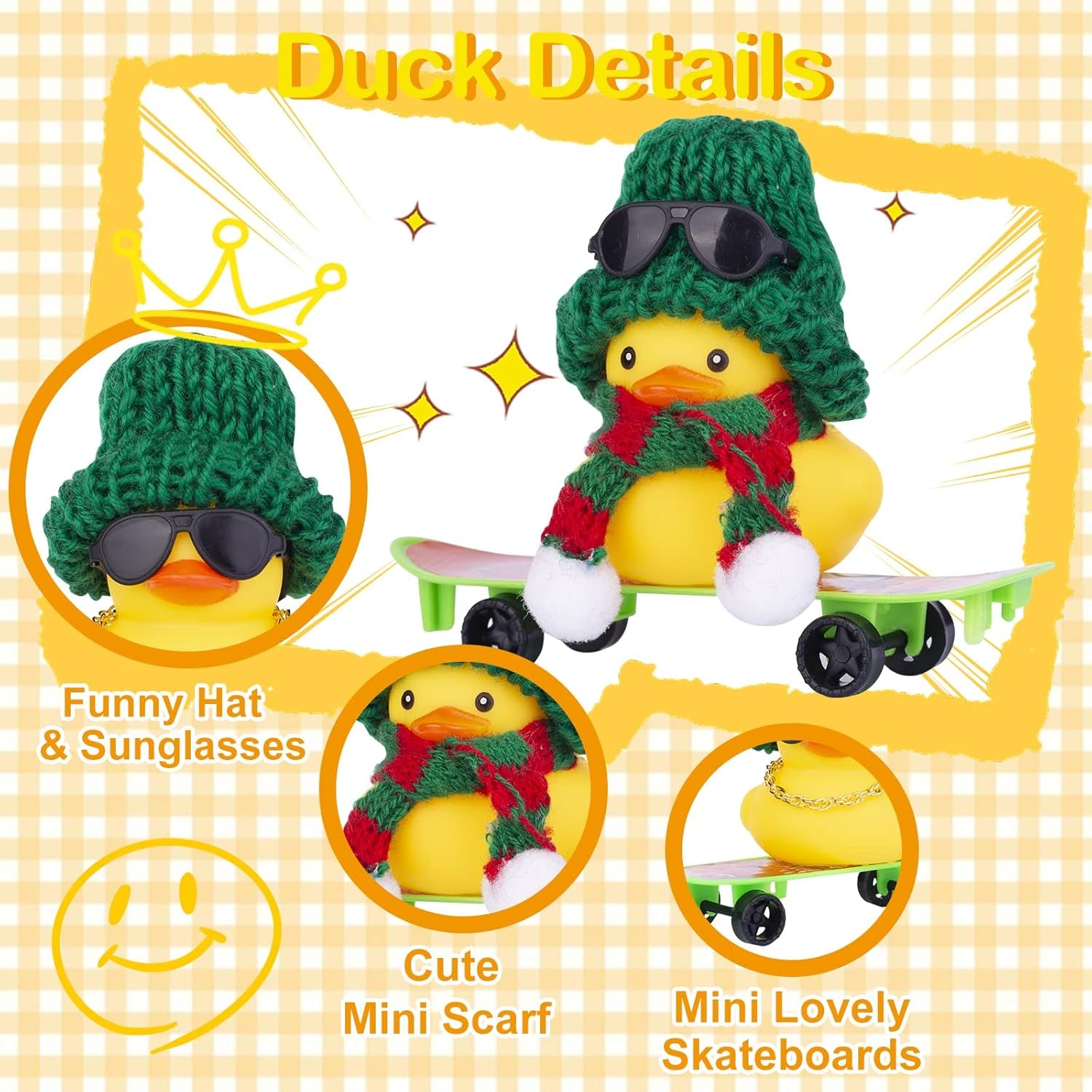 Winter Duck Car Ornament, Rubber Duck Car Decoration Accessories with Mini Hat, Sunglasses, Necklace and Skateboard