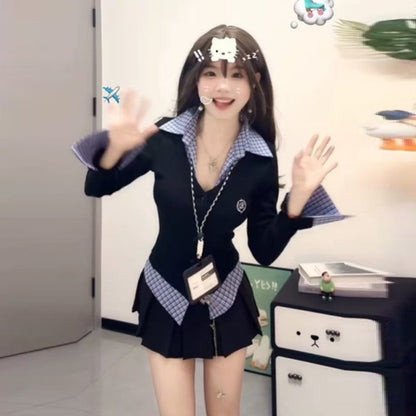 Fake Two-piece Plaid Long-sleeved T-shirt For Women Early Spring