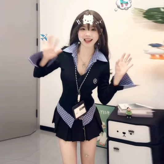 Fake Two-piece Plaid Long-sleeved T-shirt For Women Early Spring