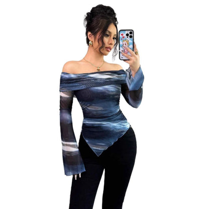 Knitted Mesh Printed Off-shoulder Collar Long Sleeved Fitted T-shirt