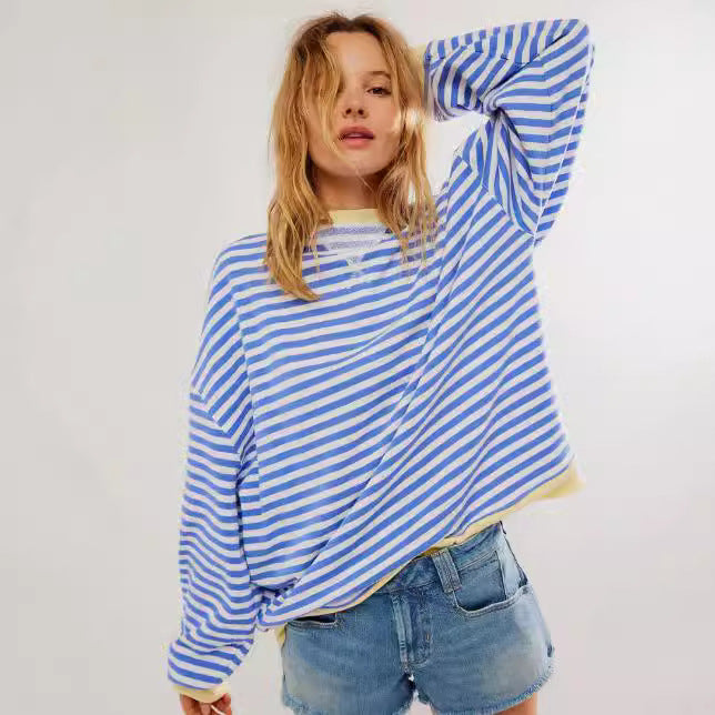 Striped Round Neck Contrast Color Loose Long Sleeve Sweatershirt
