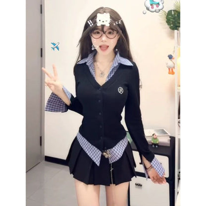 Fake Two-piece Plaid Long-sleeved T-shirt For Women Early Spring