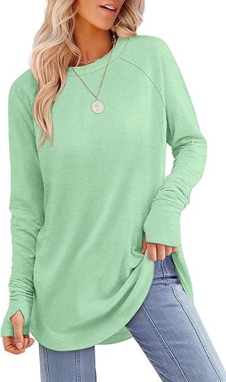 Women's Round Neck Solid Color Refers To Long Sleeved Top Loose Mid Length T-shirt