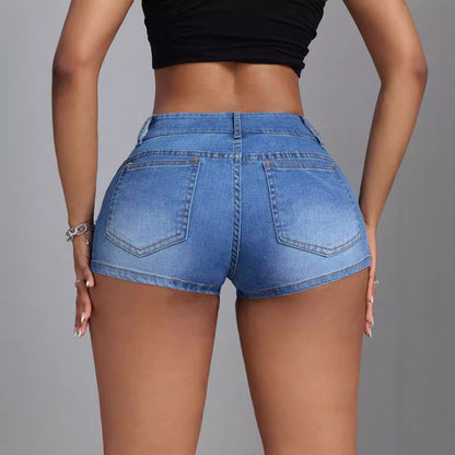 Mid-low Waist Beaded Mid-elastic Denim Shorts