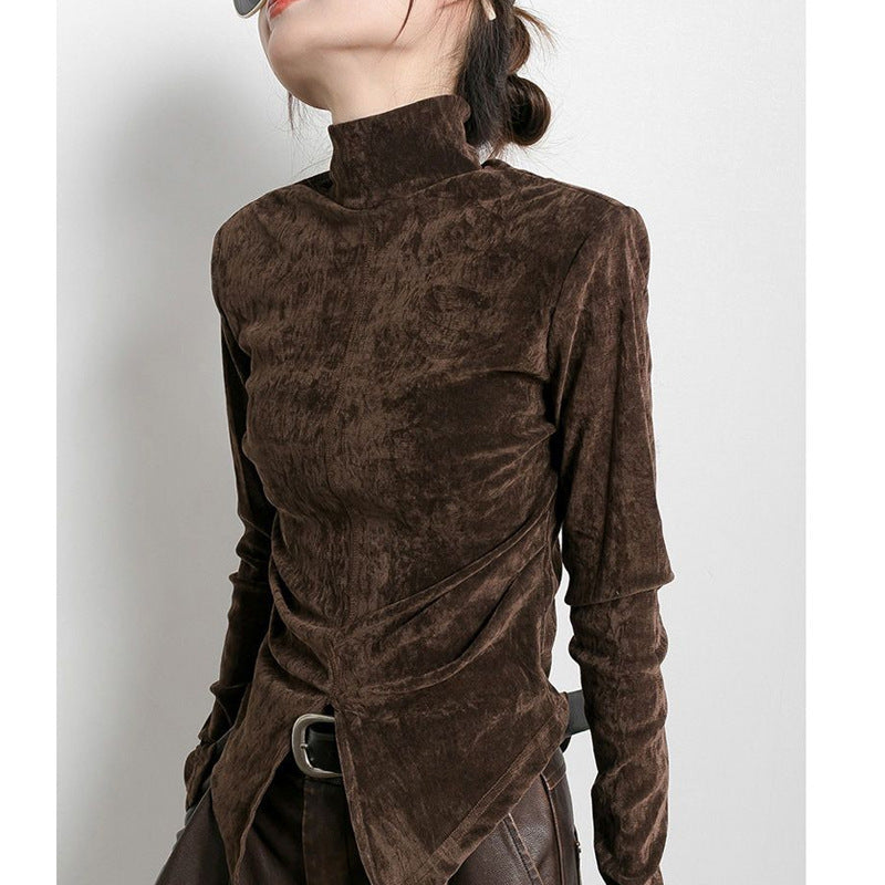 Velvet Half Turtleneck T-shirt Base Shirt Slit Hemline At Hem Solid Color Top