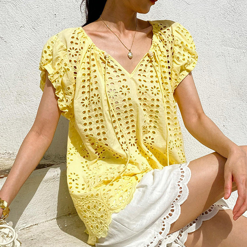 Vacation Style Embroidered Top Short Sleeve Summer French Style Design