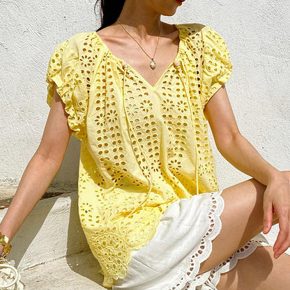 Vacation Style Embroidered Top Short Sleeve Summer French Style Design