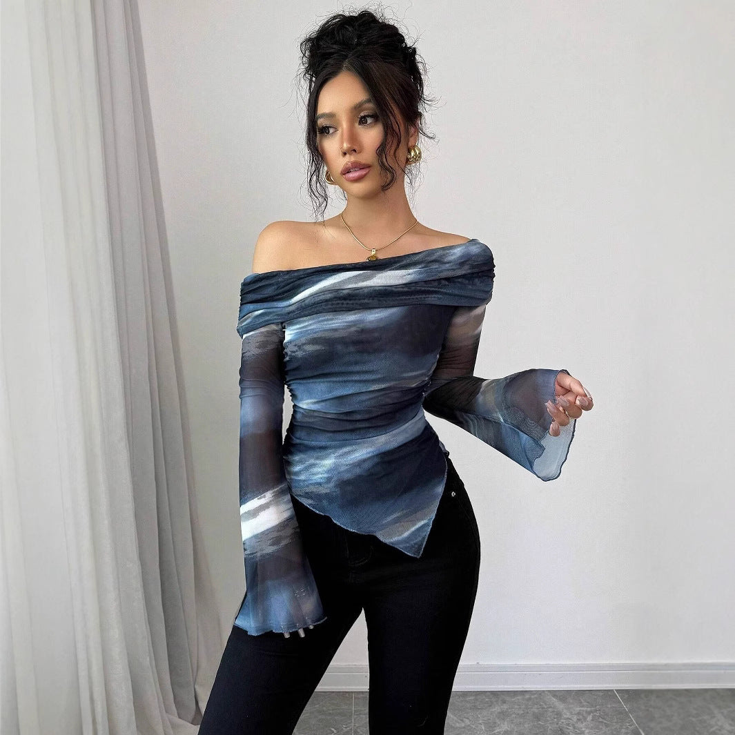 Knitted Mesh Printed Off-shoulder Collar Long Sleeved Fitted T-shirt