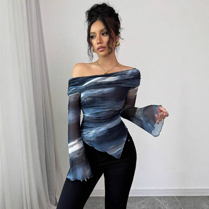 Knitted Mesh Printed Off-shoulder Collar Long Sleeved Fitted T-shirt