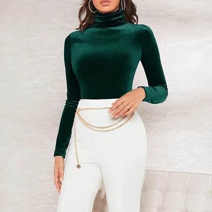 Women's Velvet Turtleneck Top Solid Color Long Sleeve Elegant Slim T-shirt