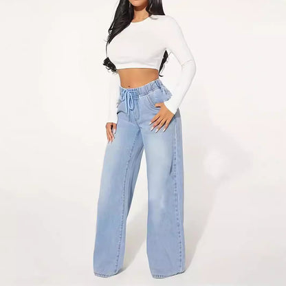 High Waist Drawstring Loose Wide Leg Light Blue Jeans