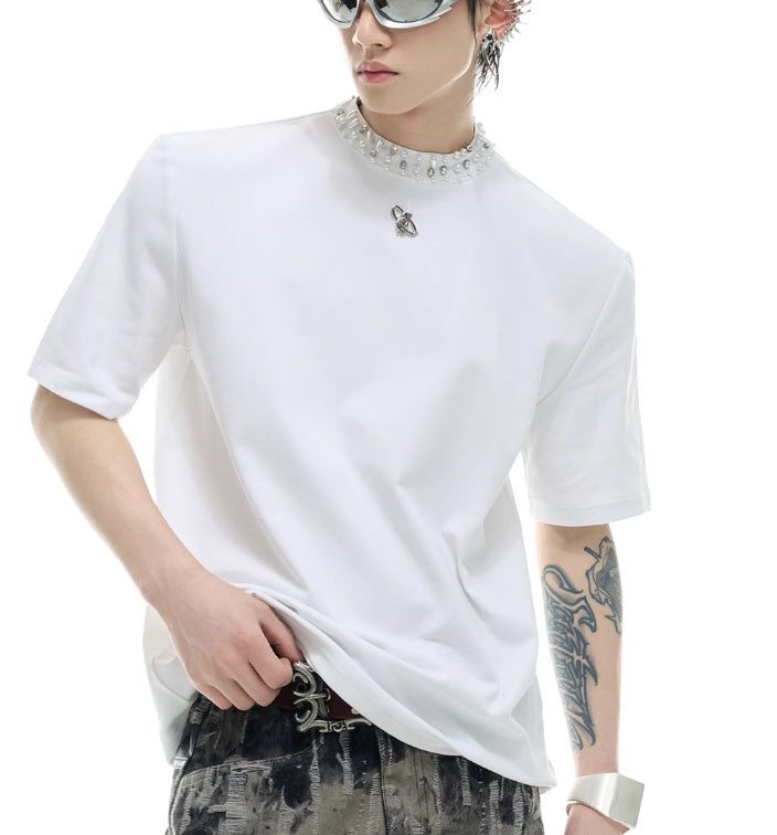 Modal Rhinestone Pearl Collar Stitching Design Short Sleeve