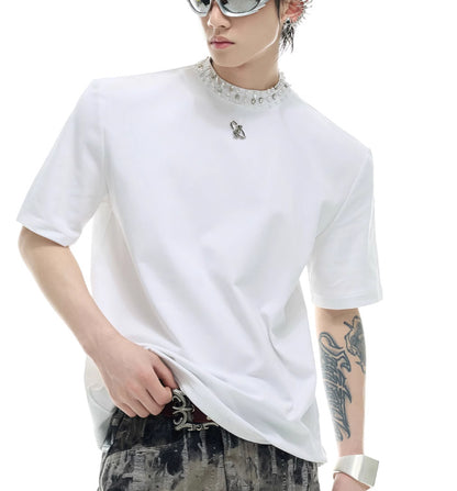 Modal Rhinestone Pearl Collar Stitching Design Short Sleeve